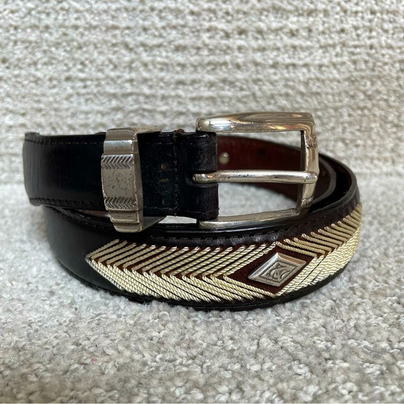 Vintage Cowhide String Design Silvertone Hardware Dark Brown Leather Belt Casual - Picture 1 of 12